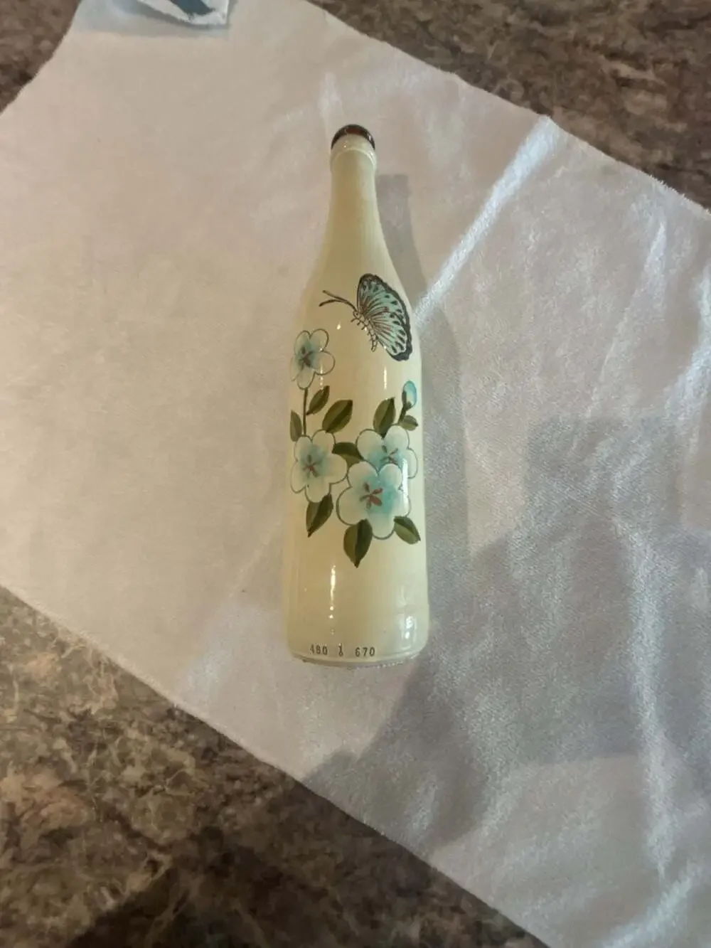 Hand Painted Ceramic Bottle Vase with Blue Flowers and Butterfly